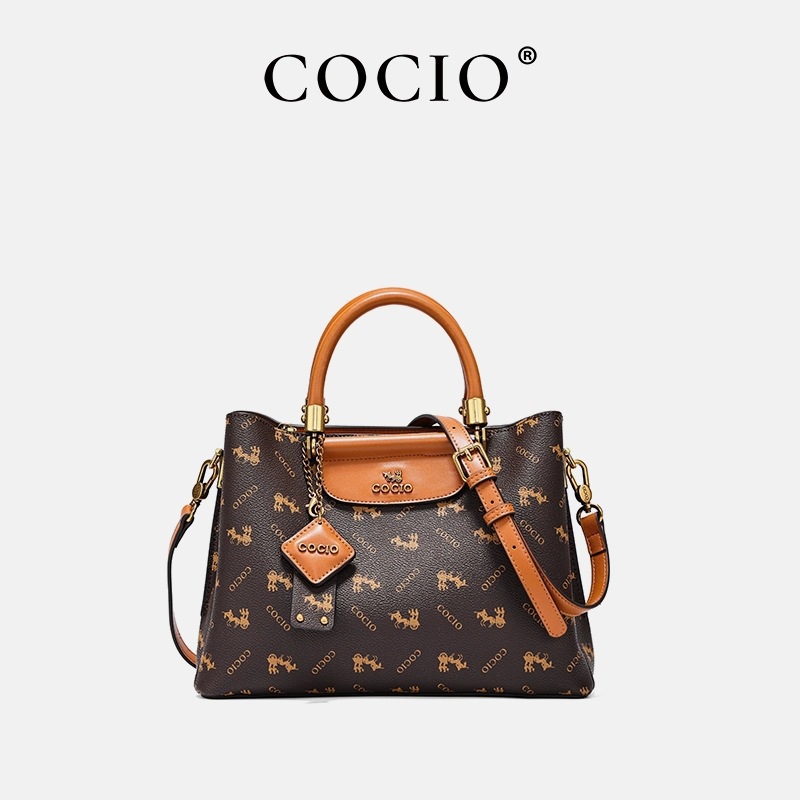 Tote Bag Leather Monogram - กระเป๋าถือ COCOIO ลายโมโนแกรมวินเทจ ความจุขนาดใหญ่ กระเป๋าสะพายไหล่/สะพายข้างสำหรับผู้หญิง ตกแต่งฮาร์ดแวร์สีทอง