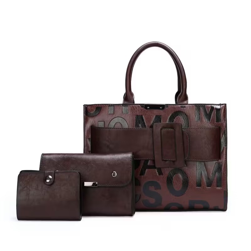 Tote Bag Leather Monogram - ชุดกระเป๋าถือลายนูนสำหรับผู้หญิง 3 ชิ้น ชุดกระเป๋าโท้ทความจุขนาดใหญ่ สายสะพายข้างแบบถอดได้