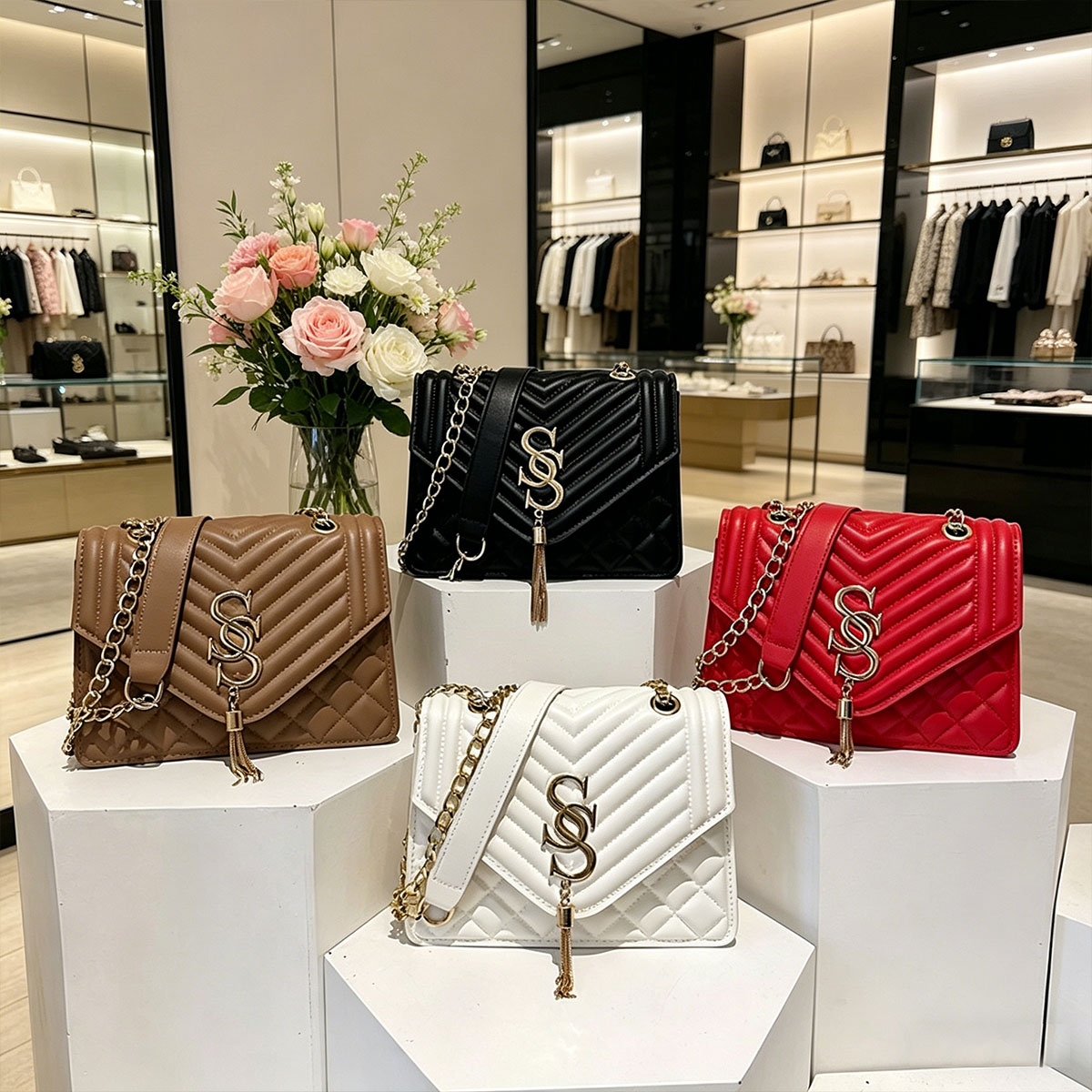 กระเป๋าสะพายไหล่ทรงสี่เหลี่ยมเ - Chain Crossbody Quilted บทวิจารณ์และราคา